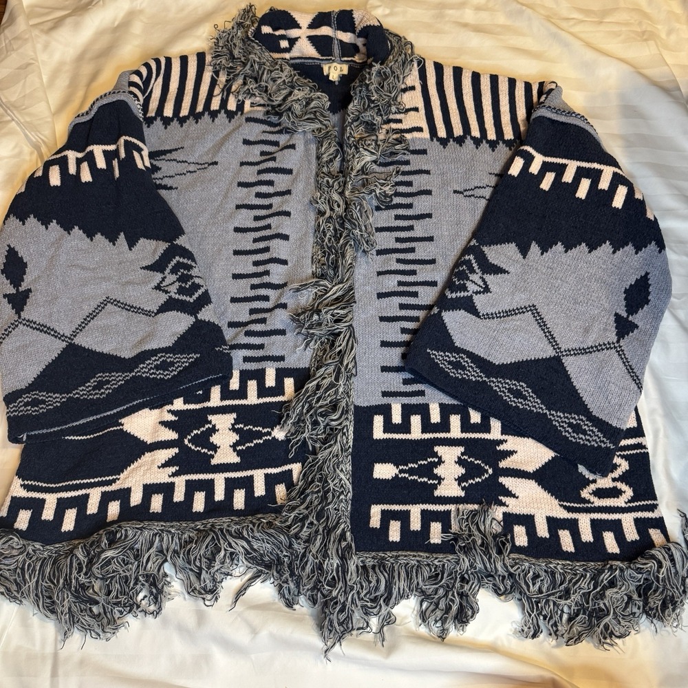 POL Clothing‎ Women's Open Front Cardigan Blue Aztec Large Oversized Sweater
